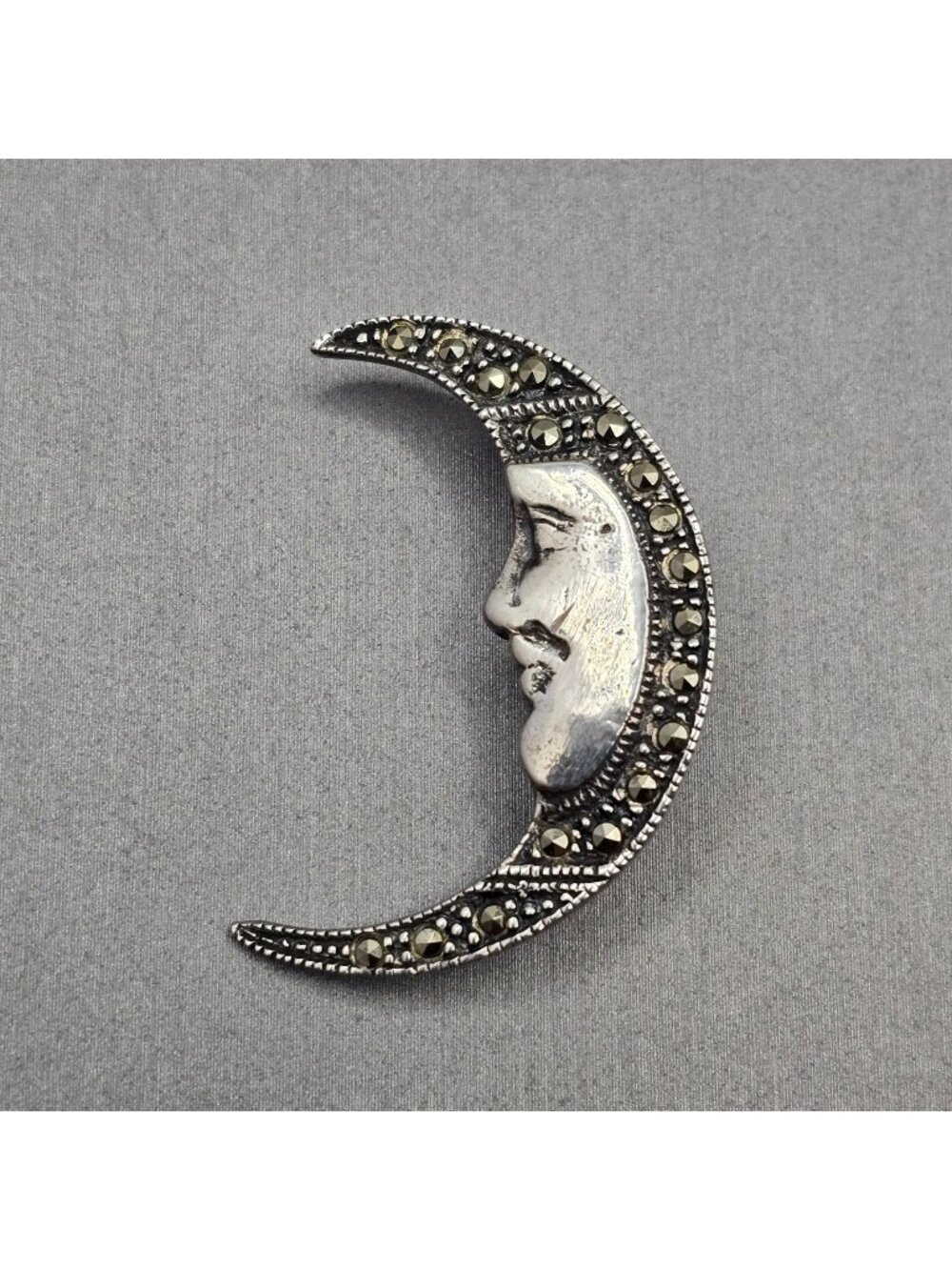 Vintage Sterling Silver Marcasite Moon Brooch Man In The Moon Face Signed FAS